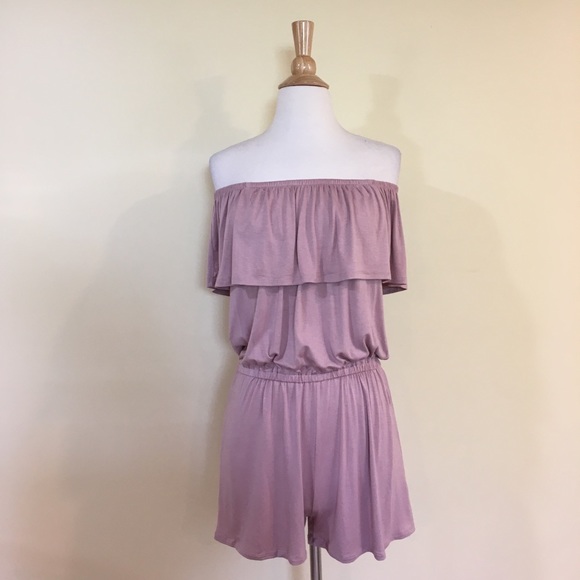 Off Shoulder Ruffled Overlay Lilac Jersey Romper - Picture 5 of 8
